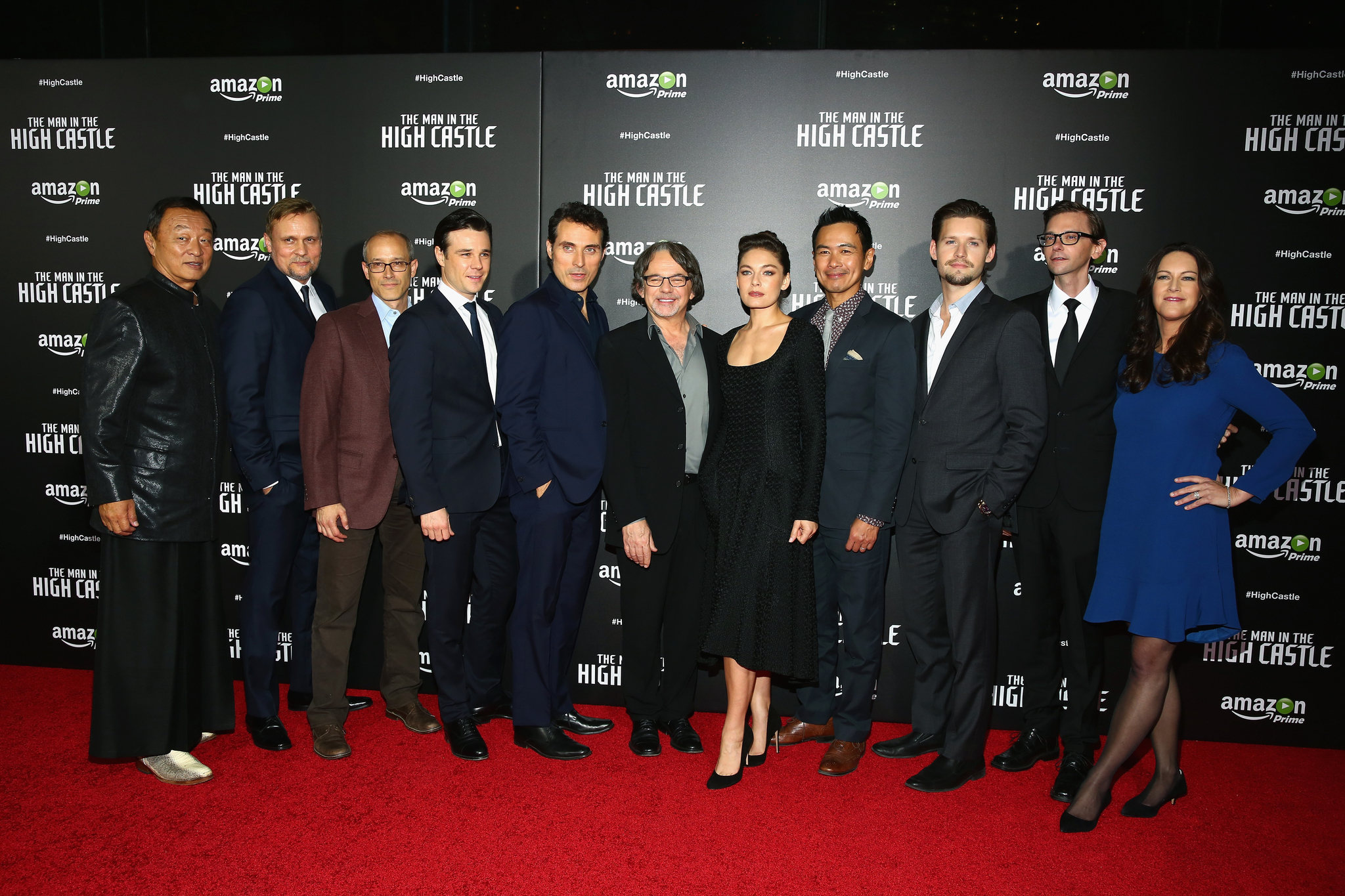 Rufus Sewell, Joel de la Fuente, Carsten Norgaard, DJ Qualls, Frank Spotnitz, Cary-Hiroyuki Tagawa, Alexa Davalos, Rupert Evans, Isa Dick Hackett, and Luke Kleintank at an event for The Man in the High Castle (2015)