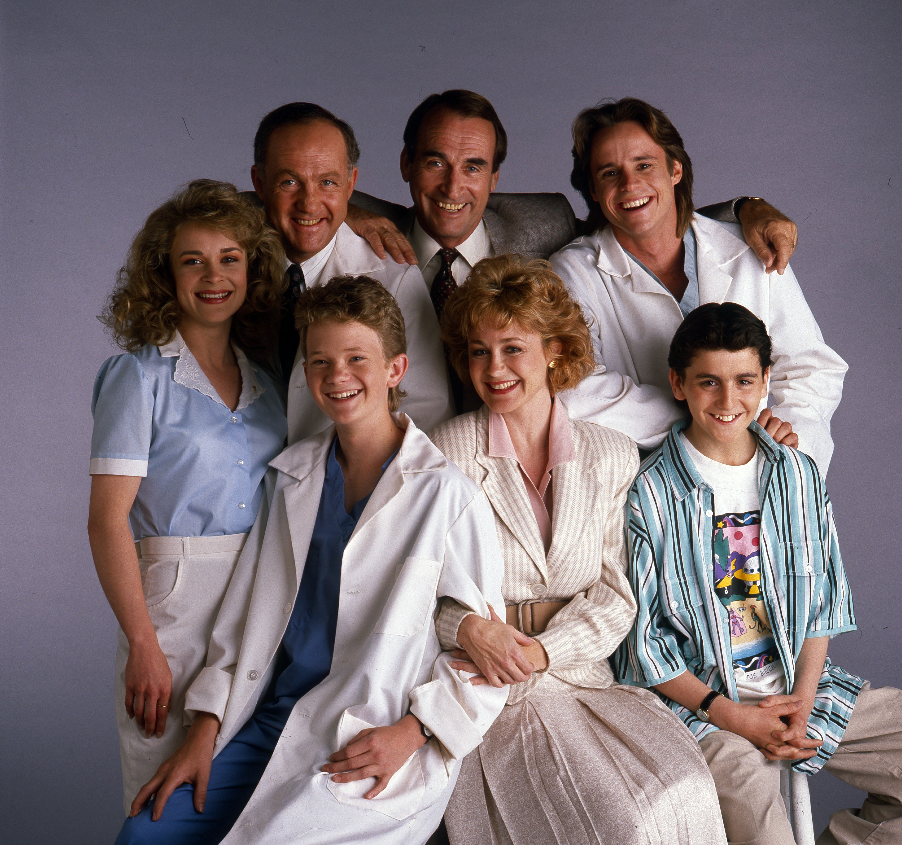 Neil Patrick Harris, Mitchell Anderson, Max Casella, Kathryn Layng, Belinda Montgomery, Lawrence Pressman, and James Sikking in Doogie Howser, M.D. (1989)