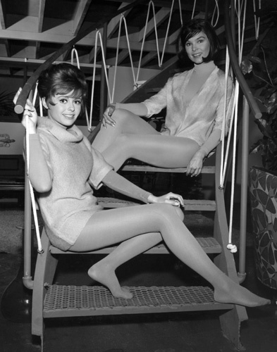 Deborah Walley and Yvonne Craig in "Ski Party"1965 AIP** B.D.M. Short Hair, Bob Cut, Sitting, Leotard, Smiling, Full Length, Black and White Yvonne_Craig_mptv