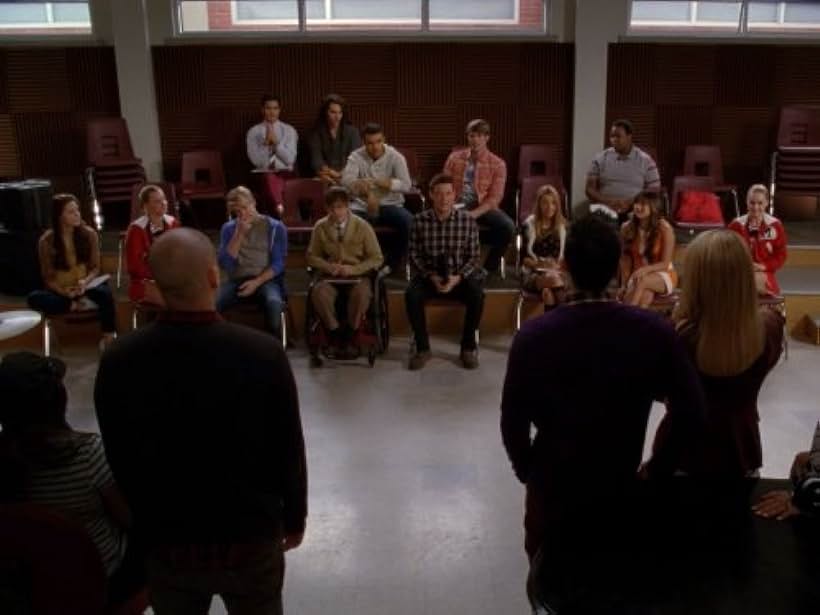 Vanessa Lengies, Naya Rivera, Mark Salling, Harry Shum Jr., Cory Monteith, Darren Criss, Kevin McHale, Melissa Benoist, Jenna Ushkowitz, Amber Riley, Chord Overstreet, Heather Elizabeth Morris, Becca Tobin, Blake Jenner, Jacob Artist, Samuel Larsen, and Alex Newell in Glee (2009)