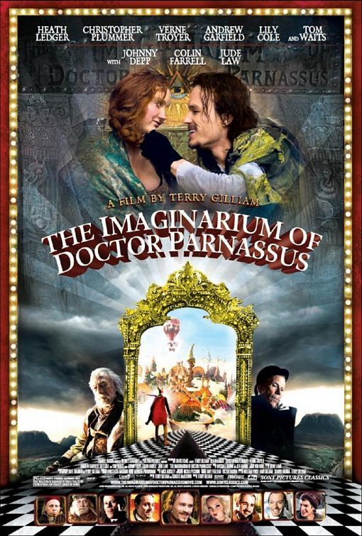 Johnny Depp, Jude Law, Christopher Plummer, Tom Waits, Heath Ledger, Colin Farrell, Verne Troyer, Andrew Garfield, and Lily Cole in The Imaginarium of Doctor Parnassus (2009)