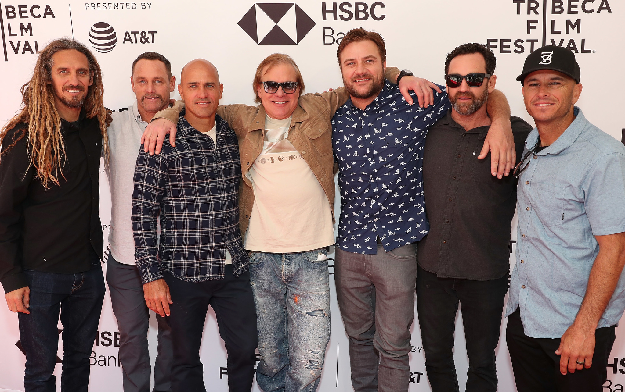 Kelly Slater, Shane Dorian, Taylor Knox, Rob Machado, Taylor Steele, Benji Weatherley, and Jake Burton at an event for Momentum Generation (2018)