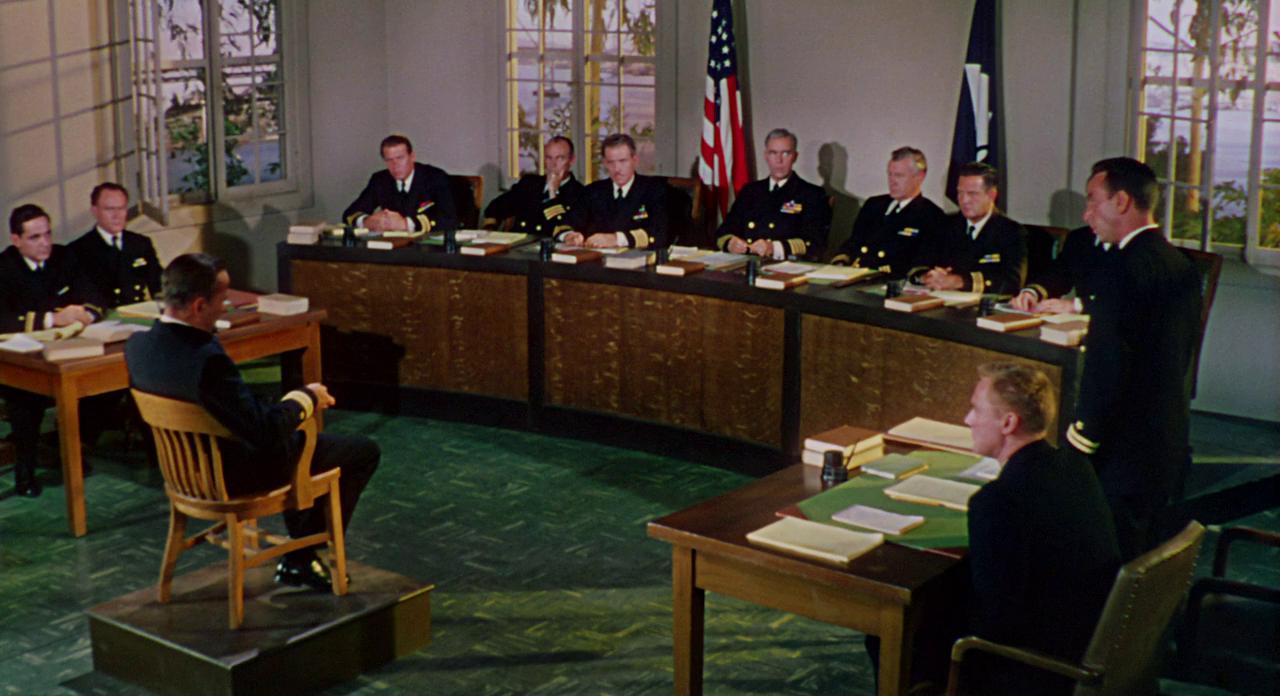 Humphrey Bogart, José Ferrer, Van Johnson, Warner Anderson, Robert Bray, Kenneth MacDonald, E.G. Marshall, Paul McGuire, Tyler McVey, Richard Norris, and Steve Pendleton in The Caine Mutiny (1954)