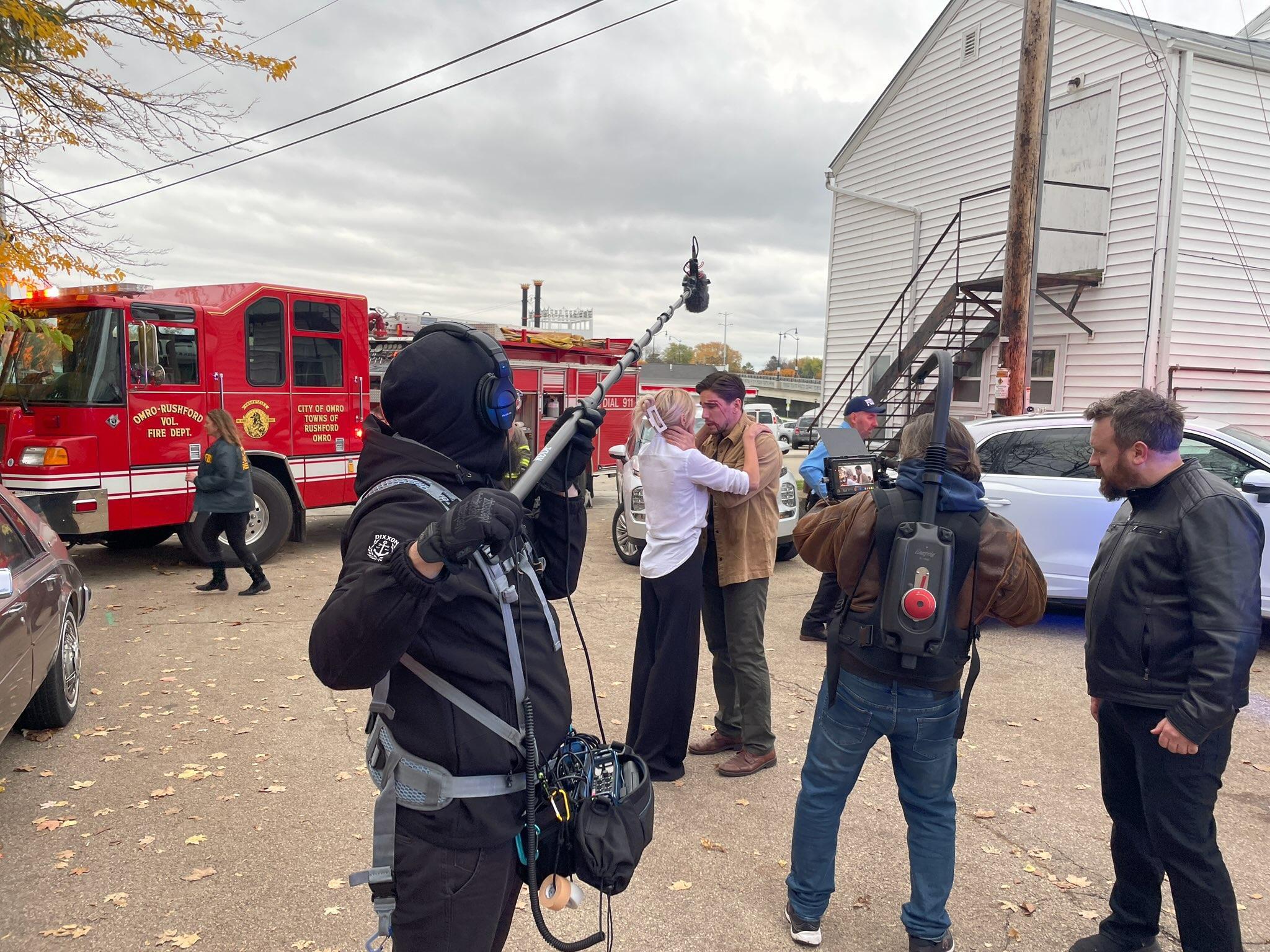 Mackenzie Jones and Damir Kovic on set for Omro. Also pictured: Simon Phillips (dir/writer/actor), Jamie Bailey (cinematographer), Donnie Ivey (sound)