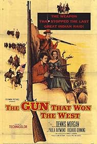 Richard Denning, Dennis Morgan, and Paula Raymond in The Gun That Won the West (1955)