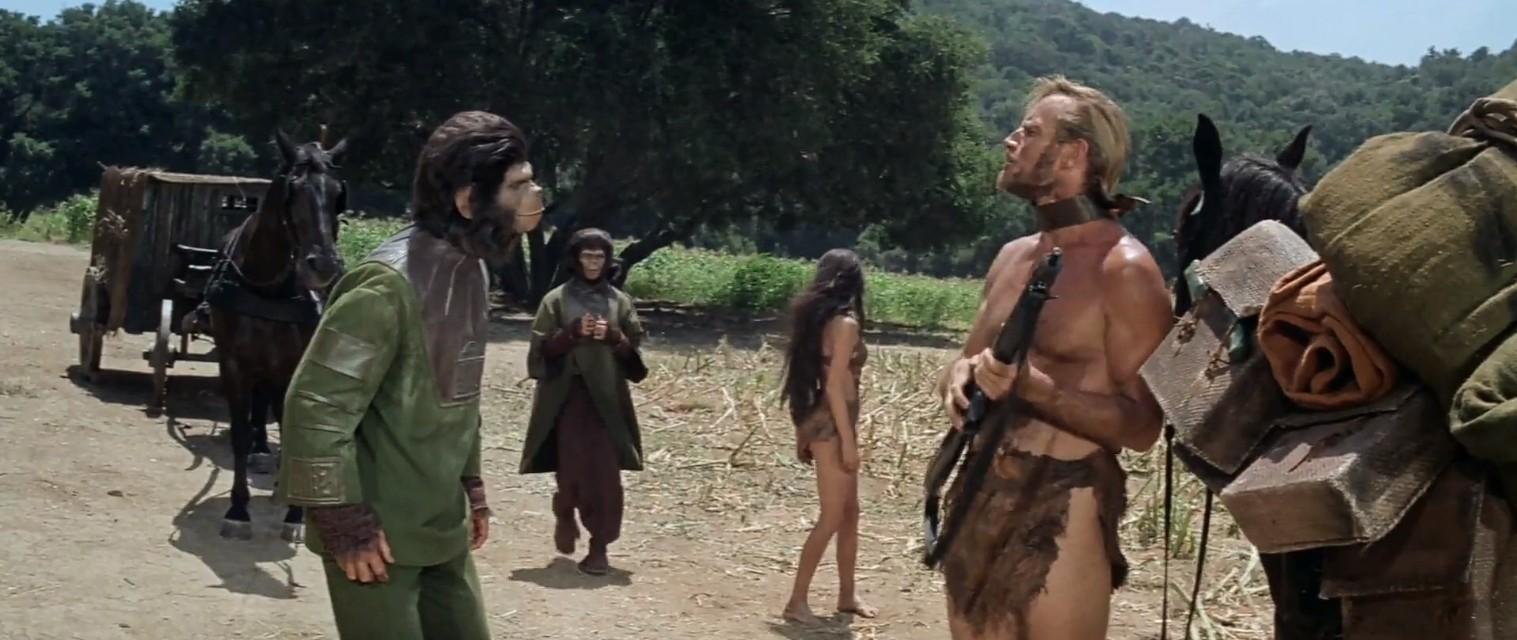 Charlton Heston, Kim Hunter, Roddy McDowall, and Linda Harrison in Planet of the Apes (1968)