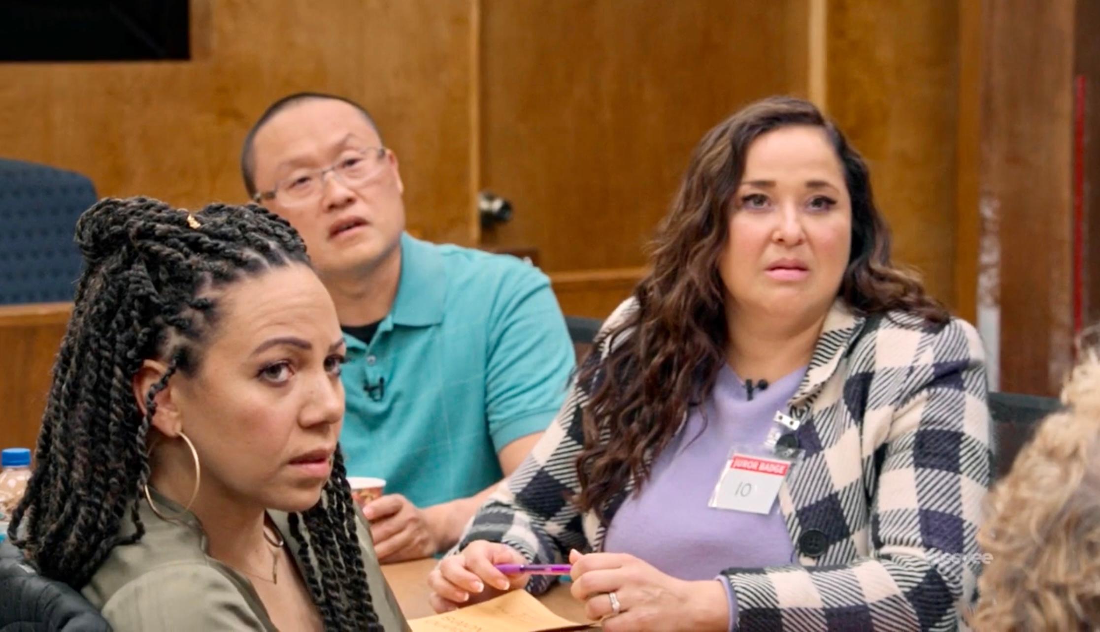 Maria Russell, Ron Song, and Cassandra Blair in Jury Duty (2023)