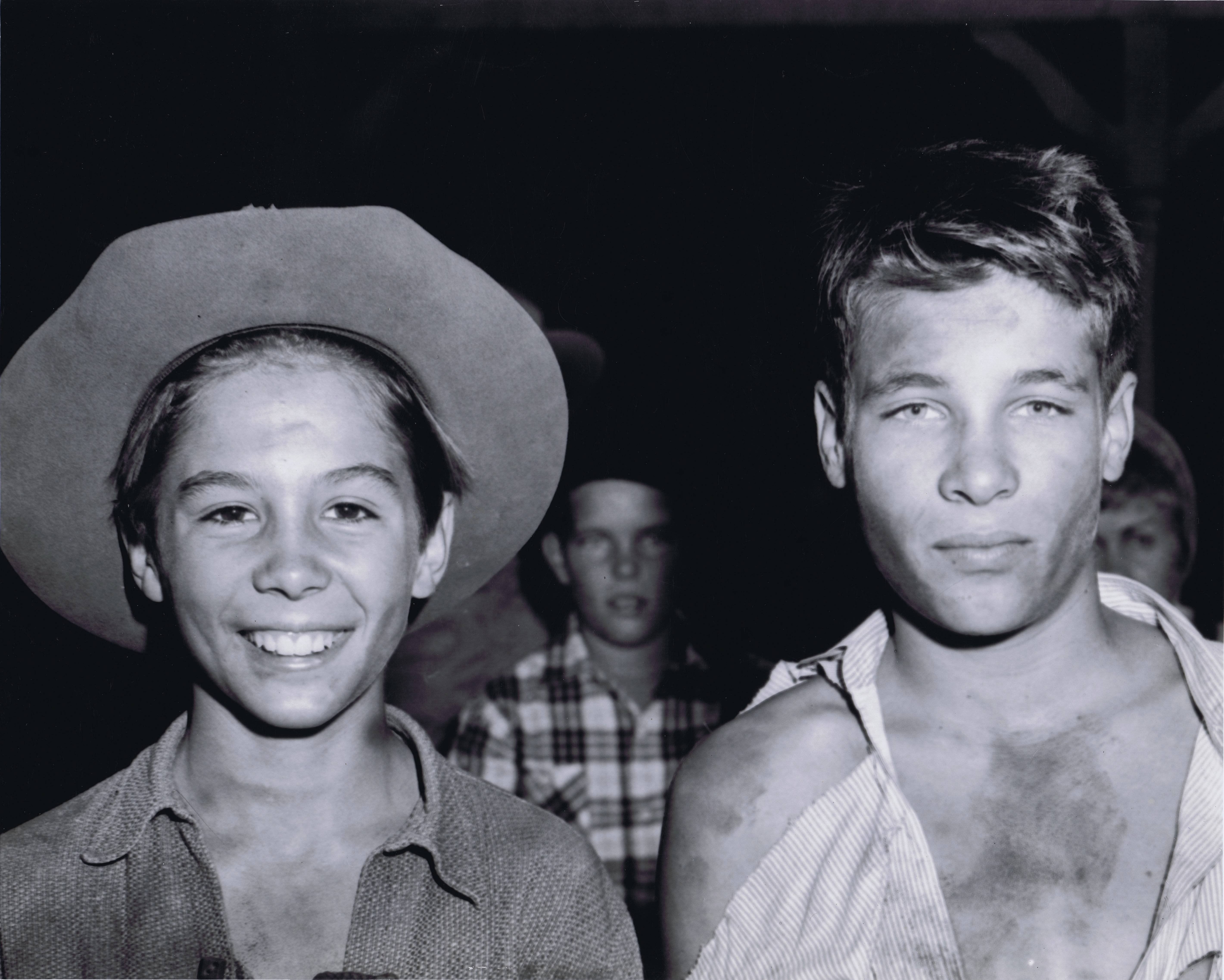 Johnny Crawford and Don Grady while filming a scene for "Heller" - episode 62 of The Rifleman - Original Air Date: 2/23/1960 