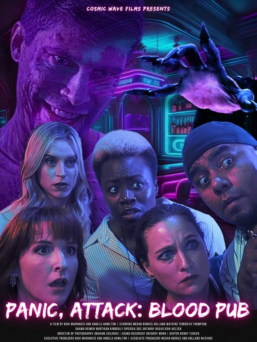 Shawn Reimer, Megan Borkes, Holland Watkins, Doc Anthony Bravo, Temidayo Thompson, Kimberly DiPersia, and Martigan in Panic, Attack: Blood Pub (2023)