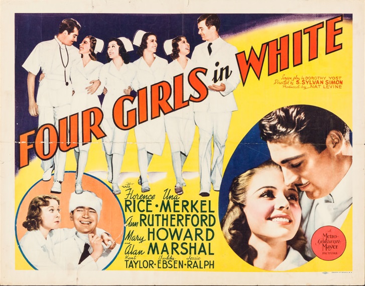 Buddy Ebsen, Mary Howard, Alan Marshal, Una Merkel, Florence Rice, Ann Rutherford, and Kent Taylor in Four Girls in White (1939)