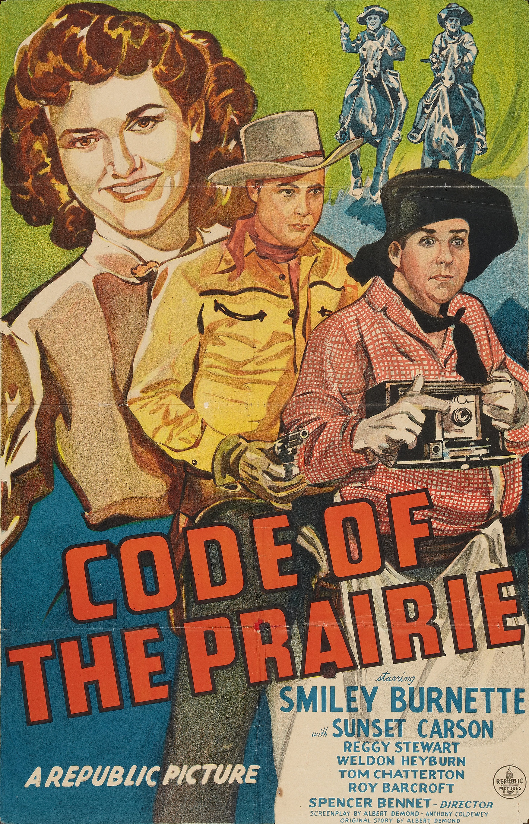 Smiley Burnette, Sunset Carson, and Peggy Stewart in Code of the Prairie (1944)