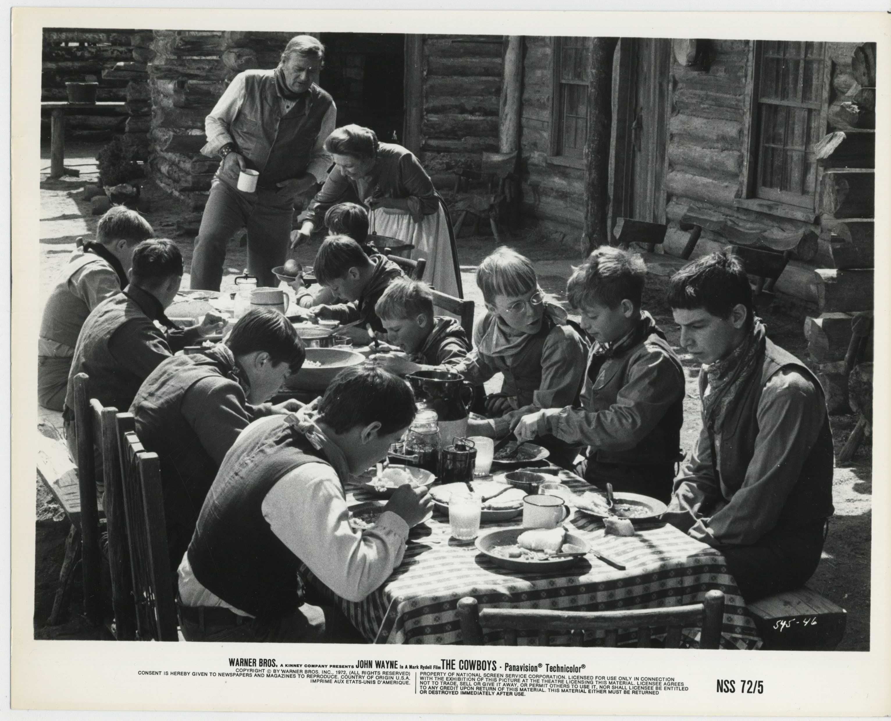 John Wayne, Robert Carradine, Alfred Barker Jr., Nicolas Beauvy, Steve Benedict, Sarah Cunningham, Norman Howell, Stephen R. Hudis, Sean Kelly, Clay O'Brien, Sam O'Brien, and Mike Pyeatt in The Cowboys (1972)