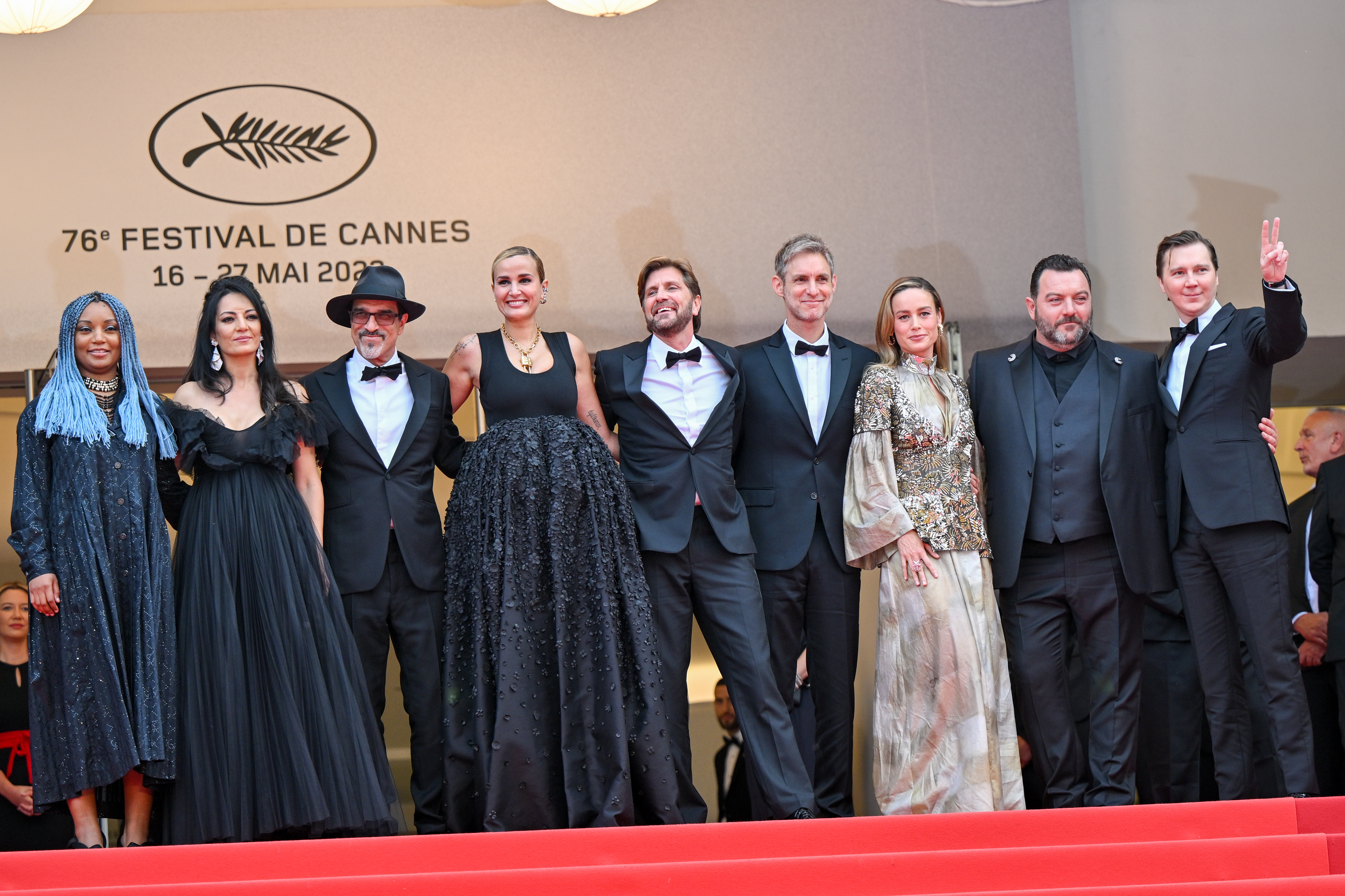 Paul Dano, Brie Larson, Ruben Östlund, Damián Szifron, Denis Ménochet, Atiq Rahimi, Rungano Nyoni, Julia Ducournau, and Maryam Touzani at an event for Jeanne du Barry (2023)