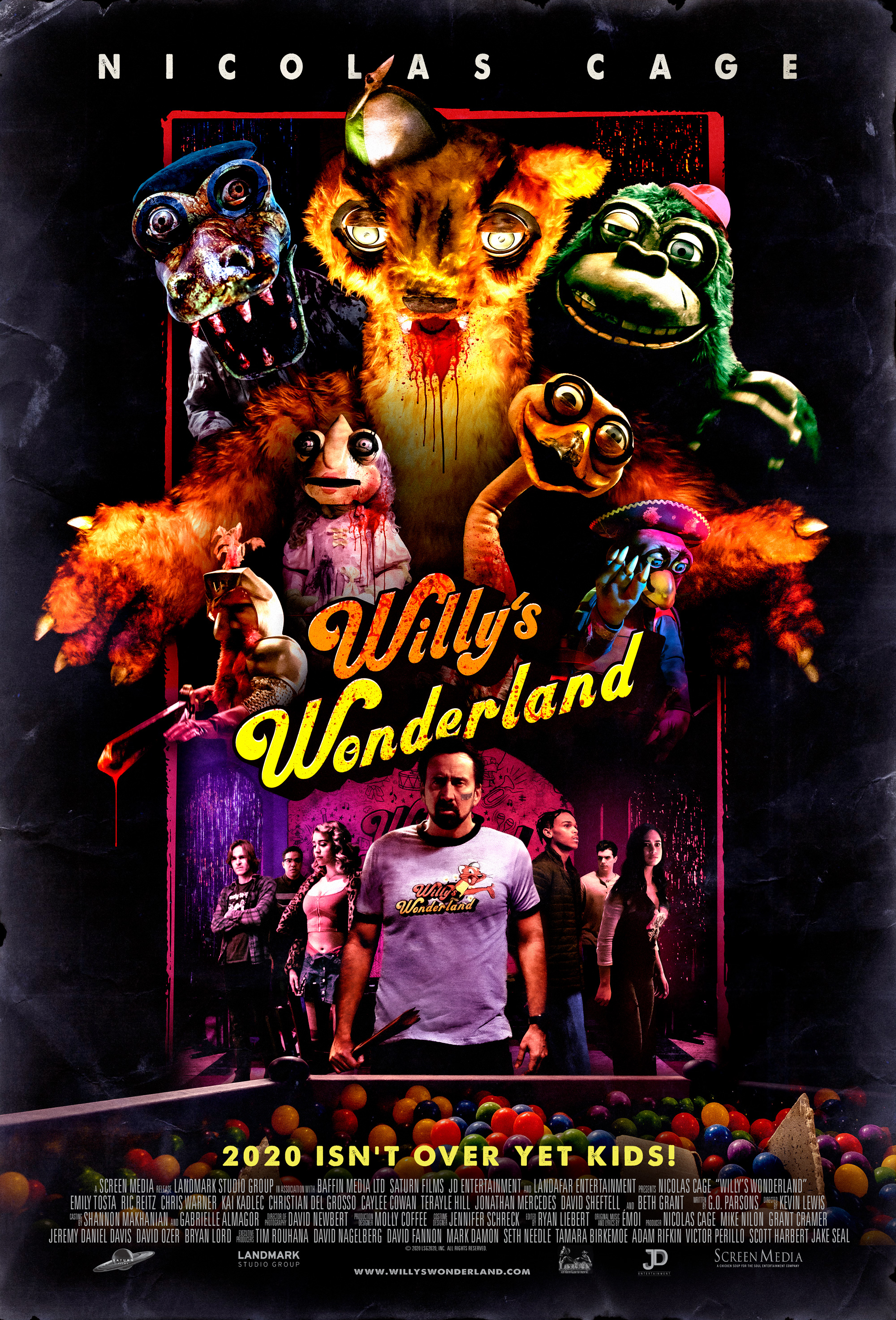 Nicolas Cage, Duke Jackson, Jiri Stanek, Kai Kadlec, BJ Guyer, Billy Bussey, Christopher Bradley, Emily Tosta, Terayle Hill, and Caylee Cowan in Willy's Wonderland (2021)