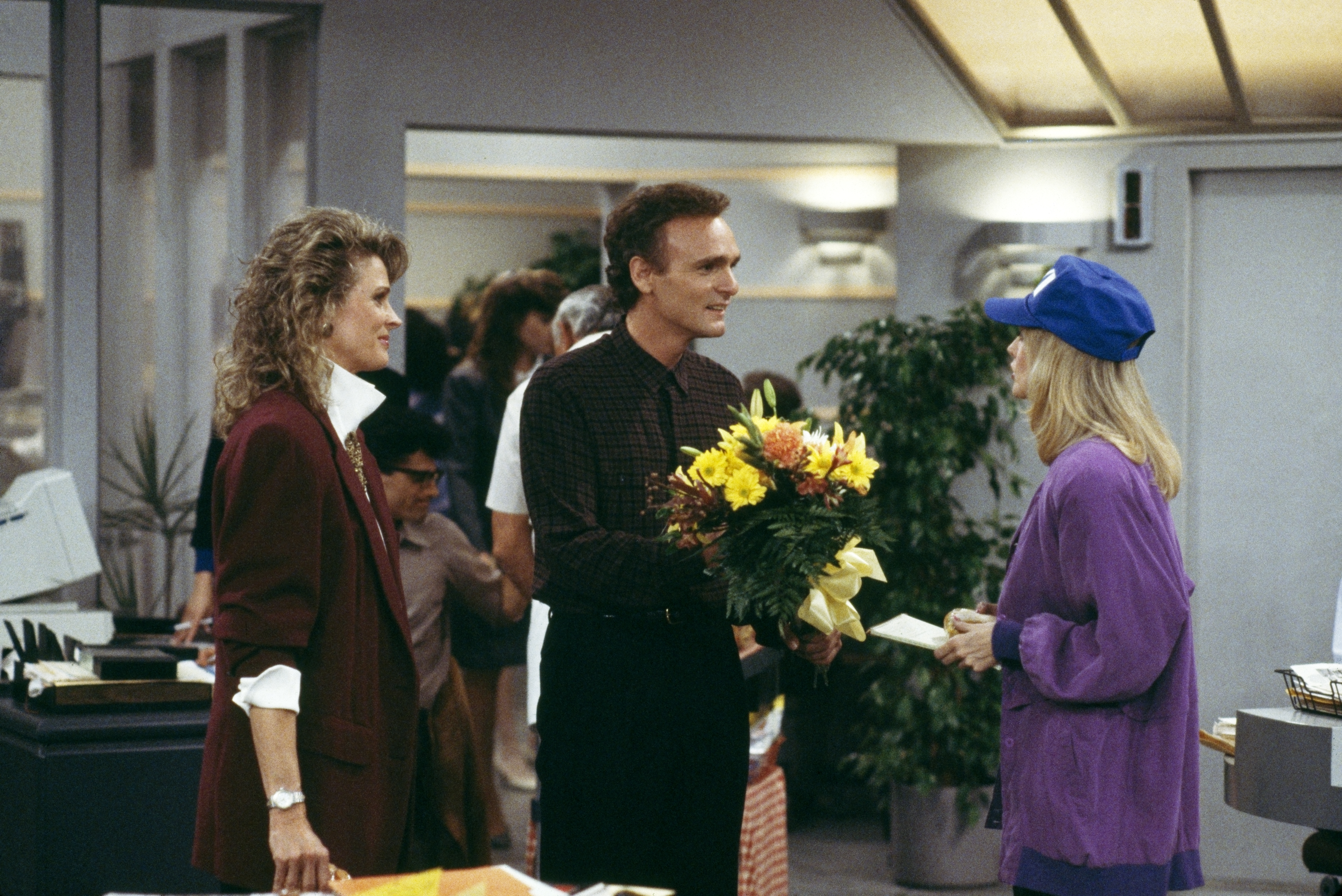 Candice Bergen, Morgan Fairchild, and Joe Regalbuto in Murphy Brown (1988)