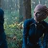 Anton Yelchin, Chris Pine, and Lydia Wilson in Star Trek Beyond (2016)