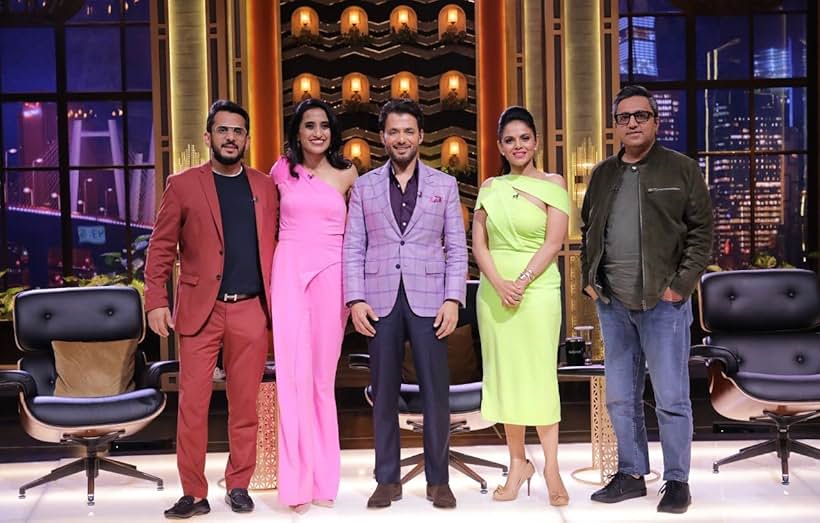 Aman Gupta, Ashneer Grover, Vineeta Singh, Namita Thapar, and Anupam Mittal in Shark Tank India (2021)