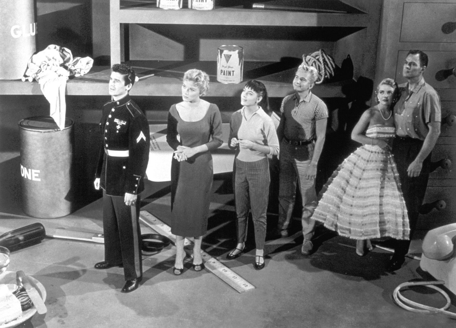 John Agar, June Kenney, Ken Miller, Laurie Mitchell, Scott Peters, and Marlene Willis in Attack of the Puppet People (1958)