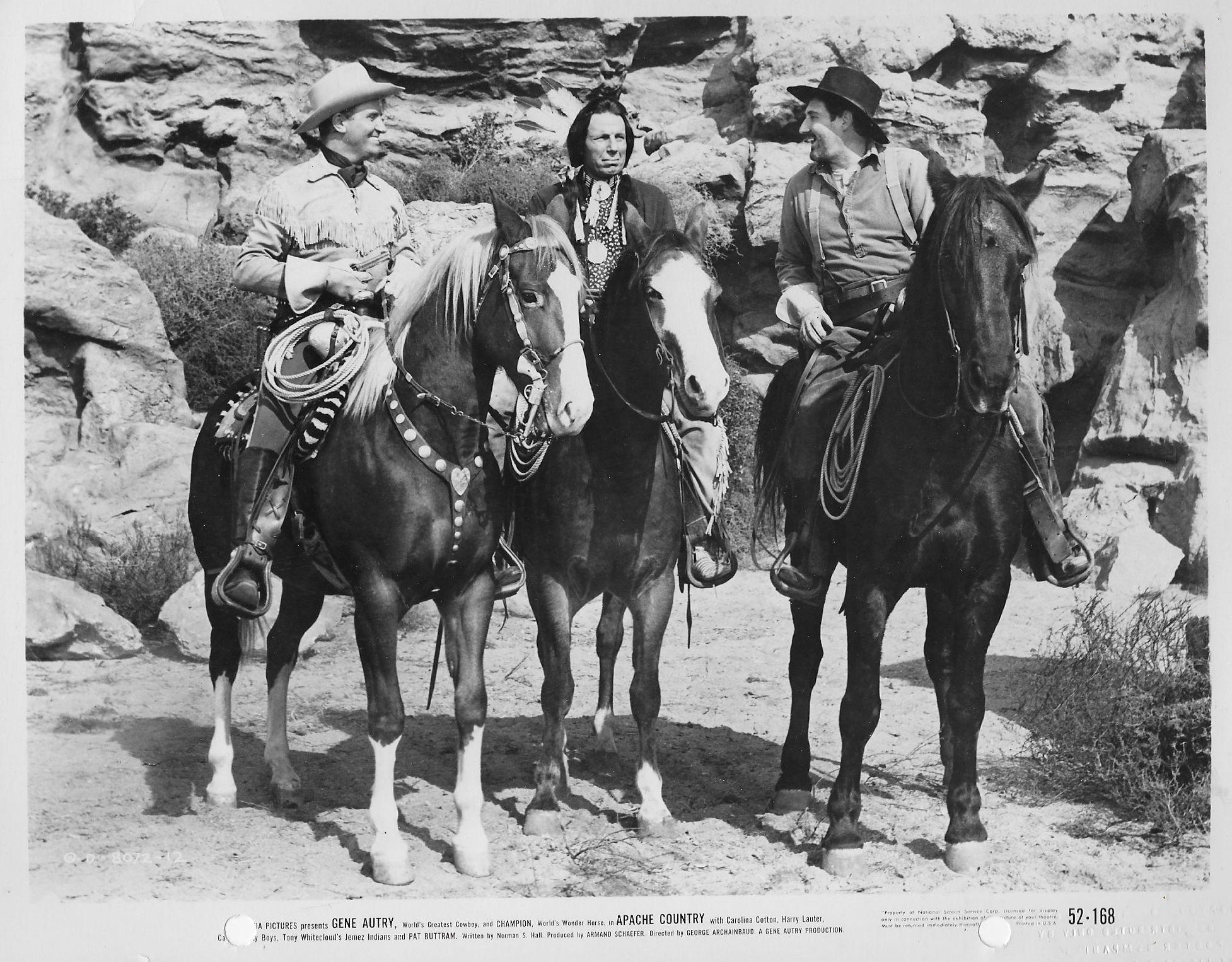 Gene Autry, Iron Eyes Cody, Pat Buttram, and Champion in Apache Country (1952)