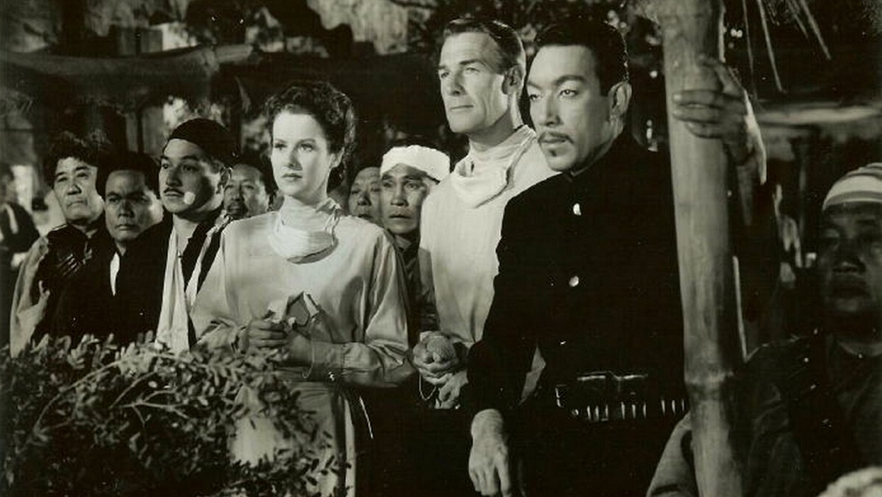 Anthony Quinn, Randolph Scott, and Ruth Warrick in China Sky (1945)