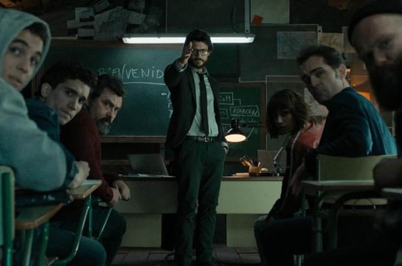 Pedro Alonso, Paco Tous, Álvaro Morte, Úrsula Corberó, Darko Peric, Miguel Herrán, and Jaime Lorente in Money Heist (2017)