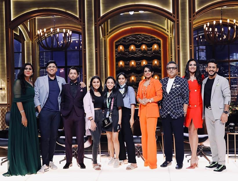 Aman Gupta, Ashneer Grover, Vineeta Singh, Namita Thapar, Peyush Bansal, Ghazal Alagh, and Anupam Mittal in Shark Tank India (2021)