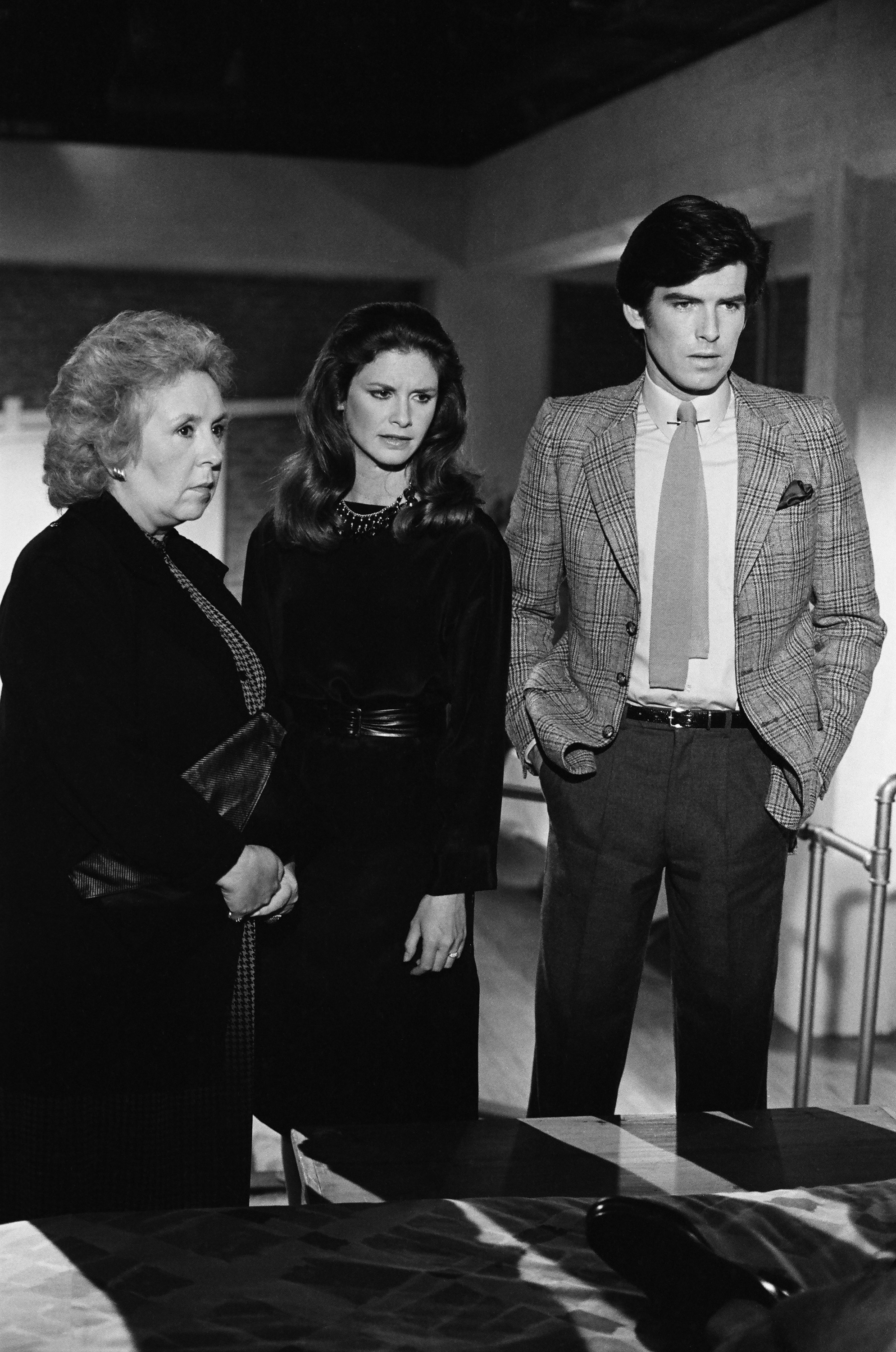 Pierce Brosnan, Stephanie Zimbalist, and Doris Roberts in Remington Steele (1982)