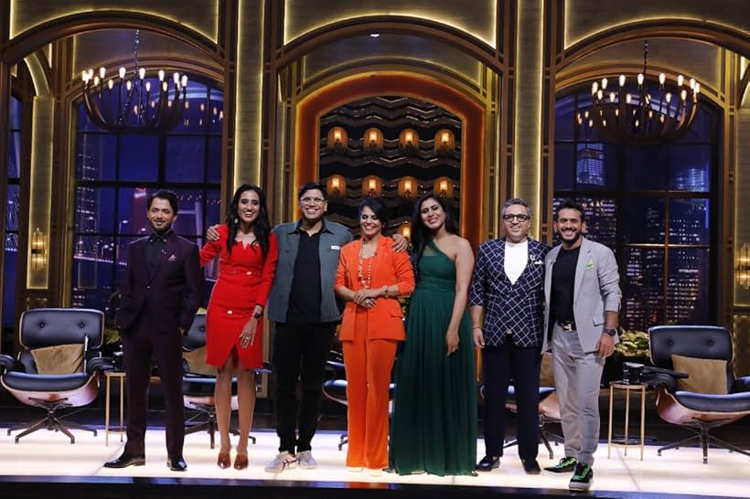 Aman Gupta, Ashneer Grover, Vineeta Singh, Namita Thapar, Peyush Bansal, Ghazal Alagh, and Anupam Mittal in Shark Tank India (2021)