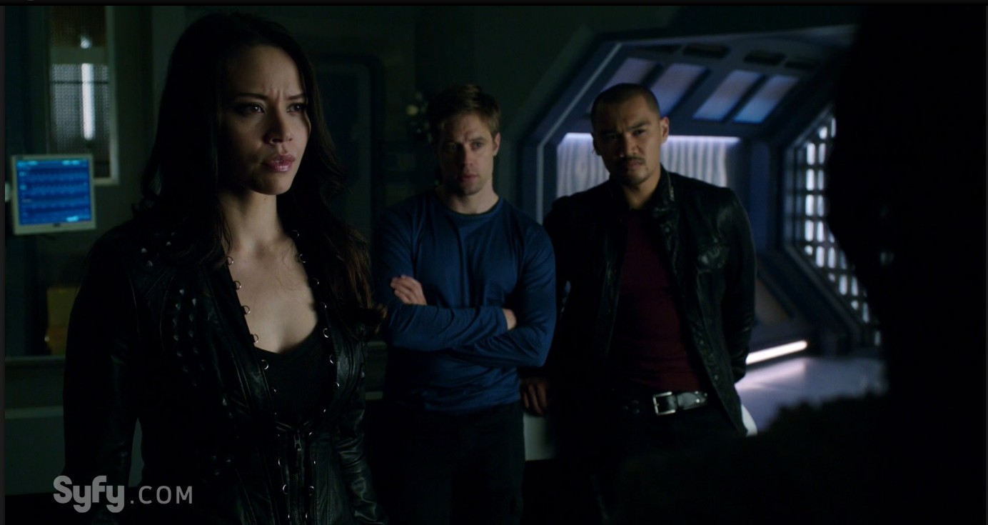 Shaun Sipos, Melissa O'Neil, and Alex Mallari Jr. in Dark Matter (2015)