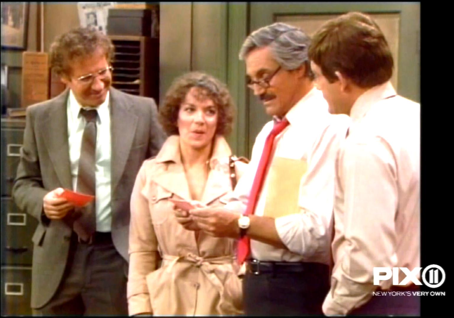 Phyllis Frelich, Max Gail, Steve Landesberg, and Hal Linden in Barney Miller (1975)