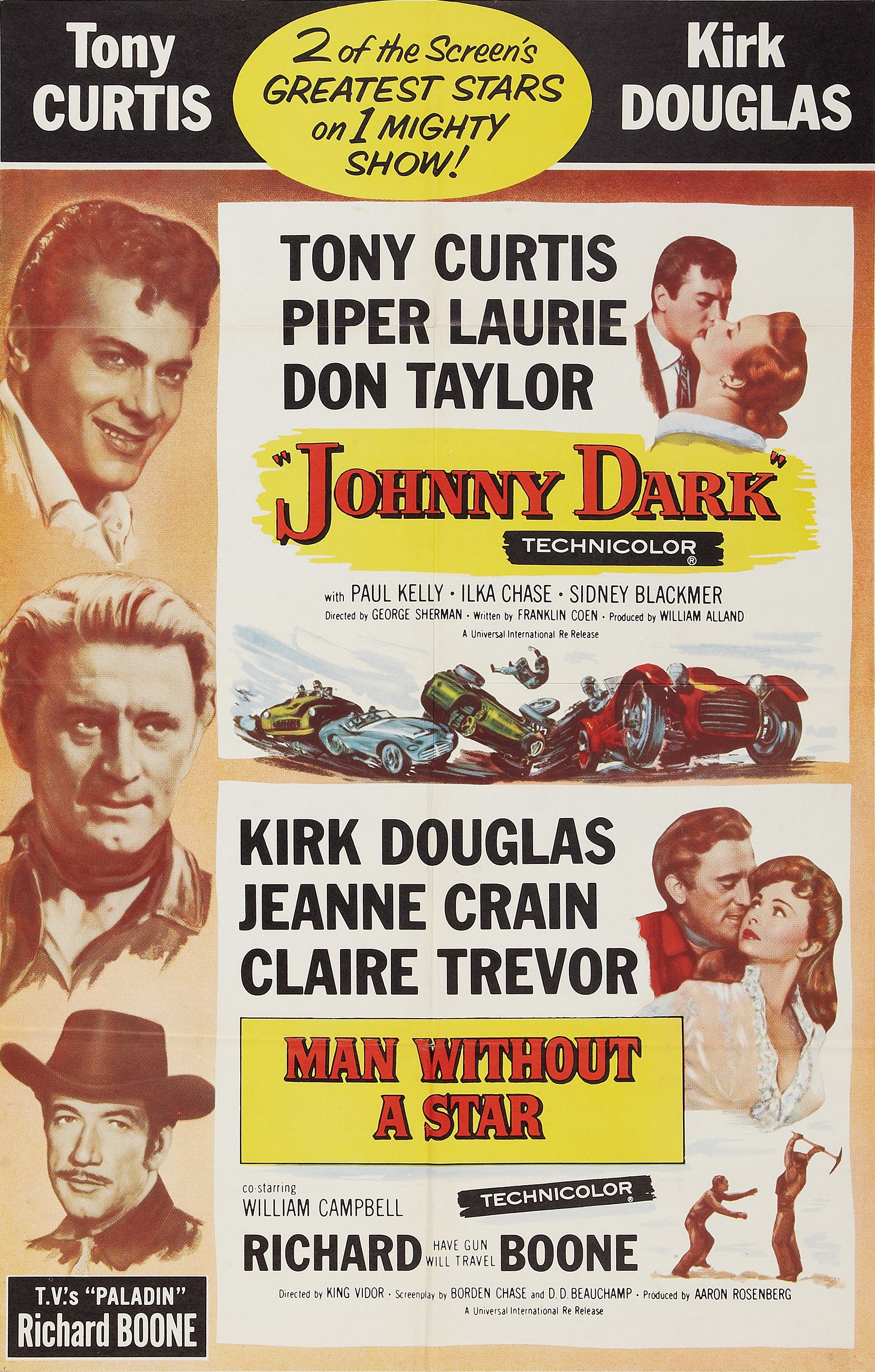 Kirk Douglas, Tony Curtis, Piper Laurie, Jeanne Crain, and Richard Boone in Johnny Dark (1954)