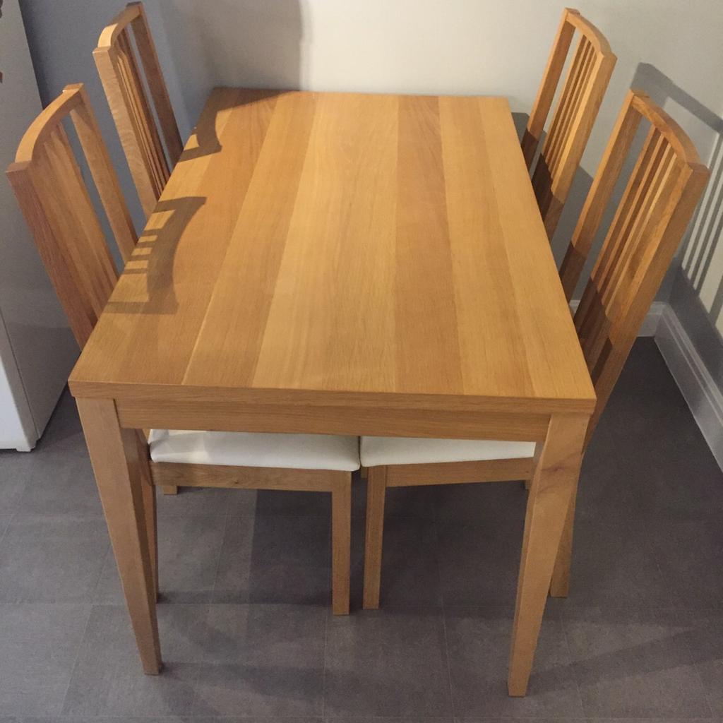 Oak veneer dining table and four oak veneer dining chairs (chairs are from Ikea)

Table measurements: length 120cm width 75cm height 75.5cm
Table has some scratches and marks on (See photo)
Chairs were £35 each new.

Collection from NG6