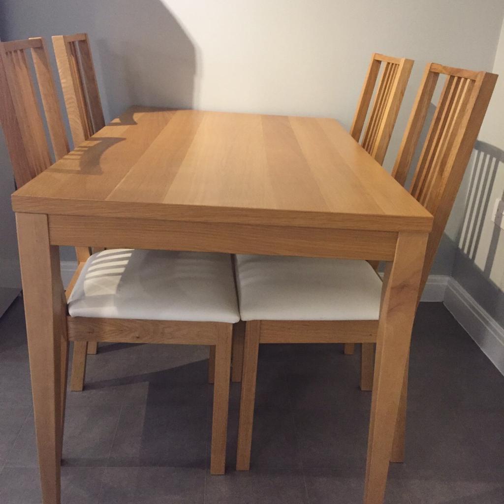 Oak veneer dining table and four oak veneer dining chairs (chairs are from Ikea)

Table measurements: length 120cm width 75cm height 75.5cm
Table has some scratches and marks on (See photo)
Chairs were £35 each new.

Collection from NG6