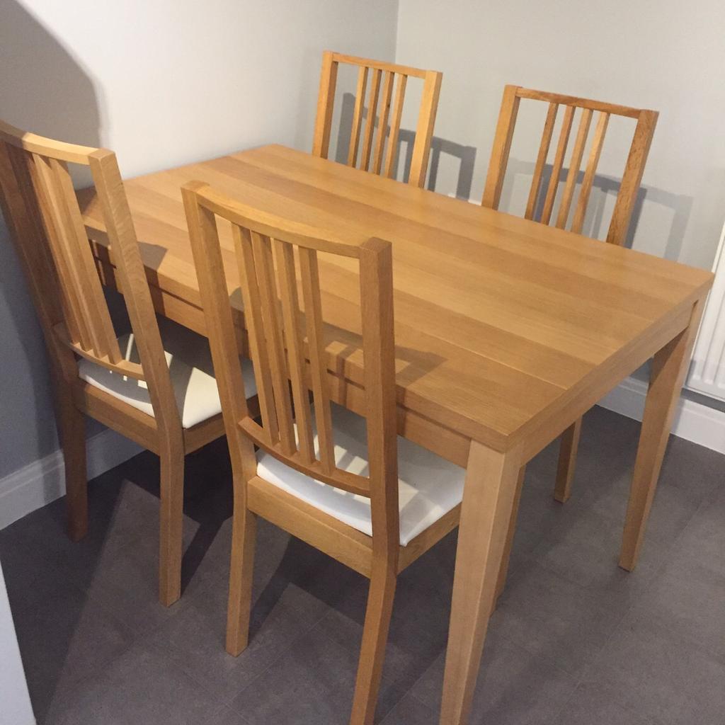 Oak veneer dining table and four oak veneer dining chairs (chairs are from Ikea)

Table measurements: length 120cm width 75cm height 75.5cm
Table has some scratches and marks on (See photo)
Chairs were £35 each new.

Collection from NG6