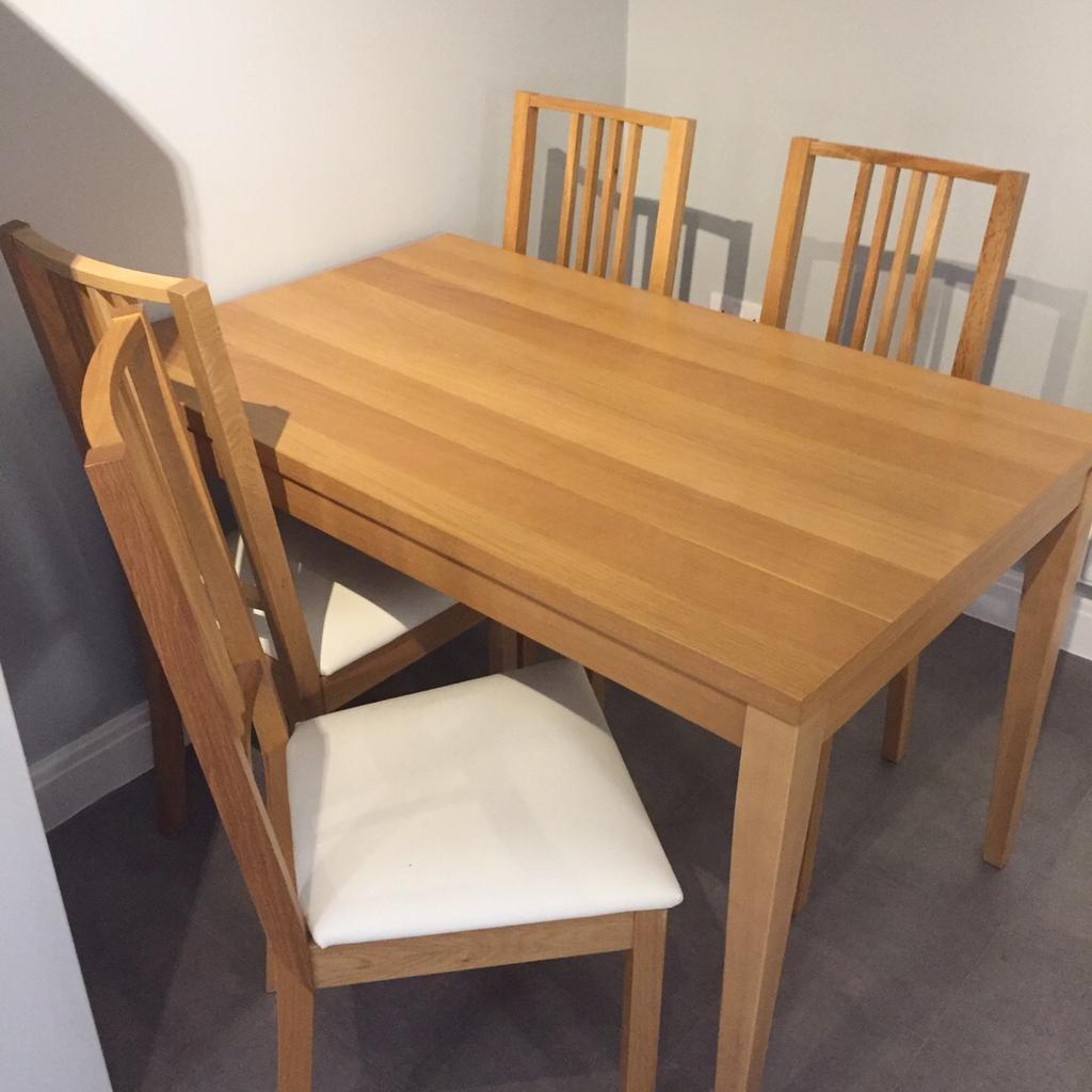 Oak veneer dining table and four oak veneer dining chairs (chairs are from Ikea)

Table measurements: length 120cm width 75cm height 75.5cm
Table has some scratches and marks on (See photo)
Chairs were £35 each new.

Collection from NG6