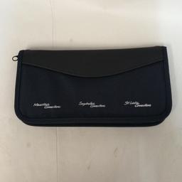 New, never used travel wallet, has outer zip to keep all documents safely inside, pen holder, 7 business card / credit card slots, also has inner zip pocket to keep money / passport secure