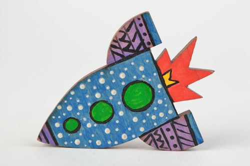 Handmade designer wooden brooch painted with acrylics in the shape of rocket - MADEheart.com