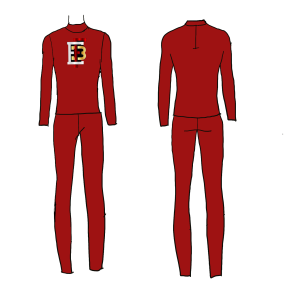 red mock neck long sleeve shirt with matching slim fit pants, gold white and red F3 Ent logo on the chest