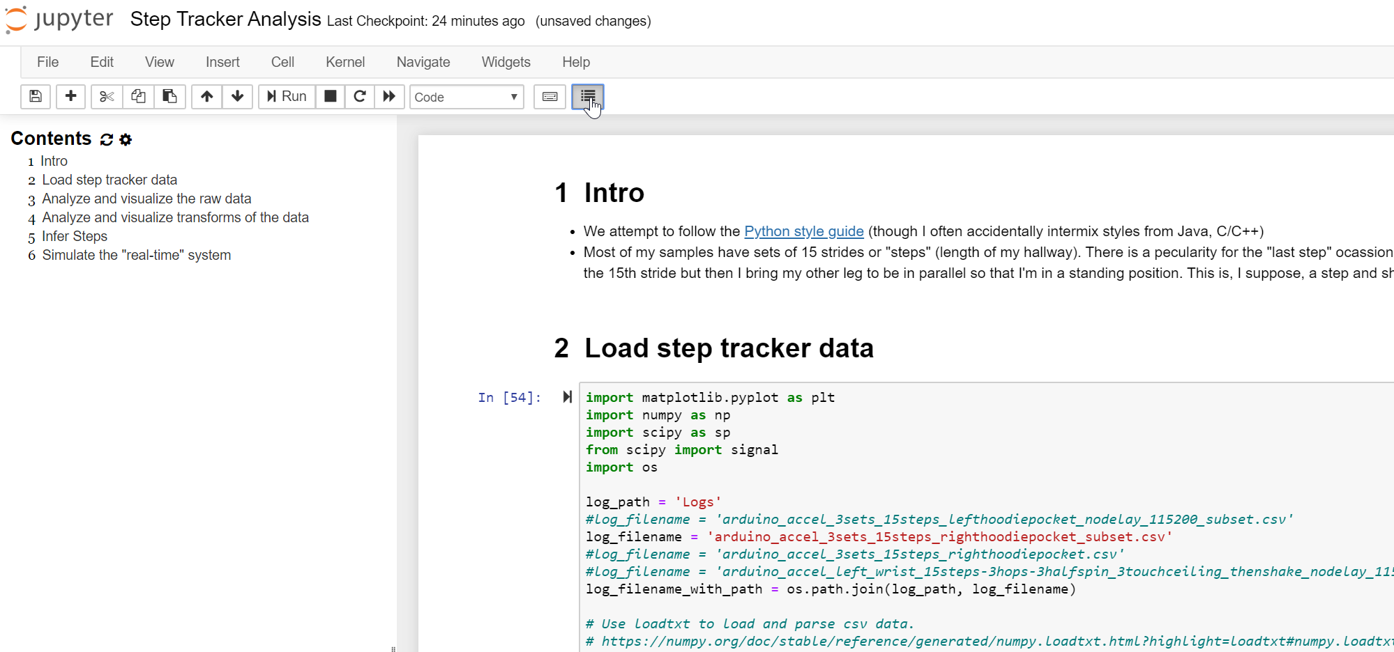 Screenshot showing how to access Jupyter Notebook TOC navigation sidebar