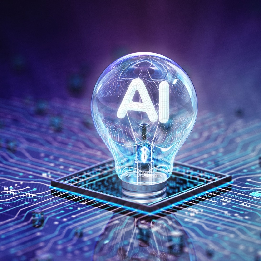 AI in a lightbulb on top of a computer chip. 