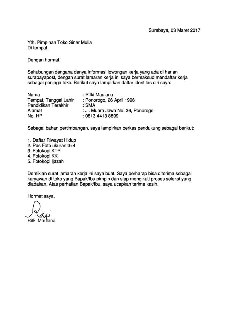 8. Contoh Surat Lamaran Kerja Di PT Sebagai Karyawan