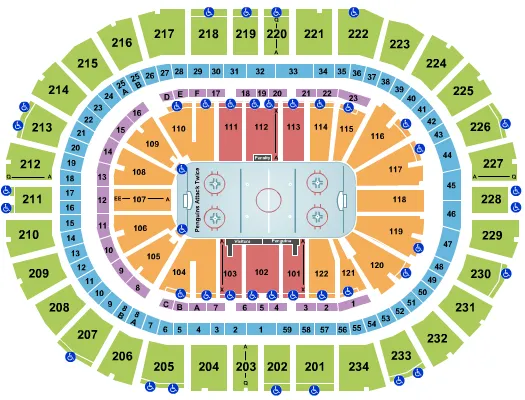 Hockey Seating Chart at PPG Paints Arena. The chart shows the main floor/stage with seating options surrounding it, which are color coded