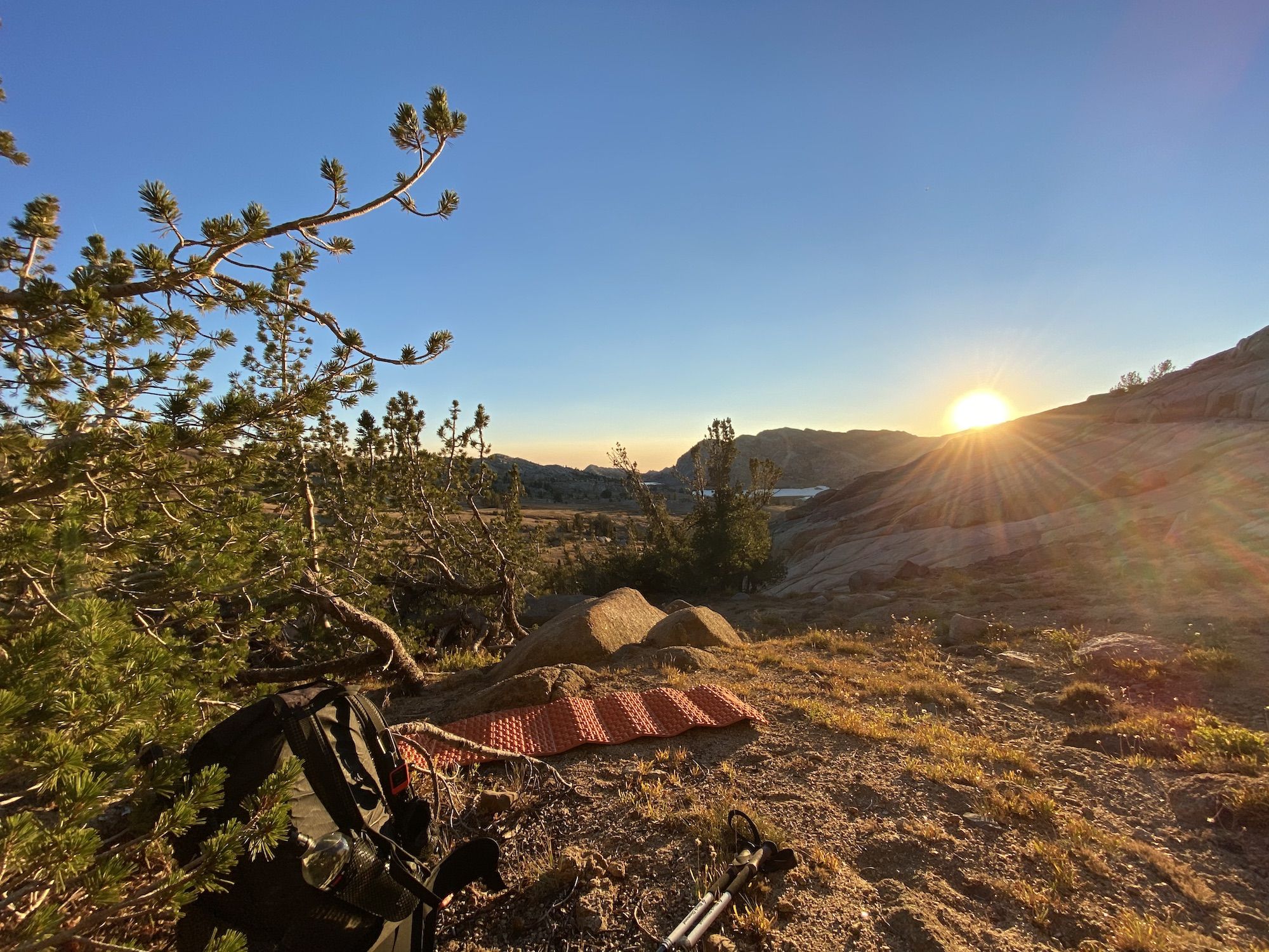 A sunset illuminating a campsite nestled in some pine trees.