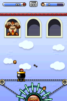 A screenshot of the battle against Donkey Kong in Boss Game 1 from Mario vs. Donkey Kong 2: March of the Minis.