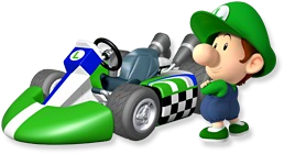 Artwork of Baby Luigi with his kart from Mario Kart Wii