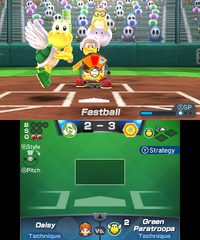 Green Koopa Paratroopa plays baseball in Mario Sports Superstars.