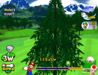 The ball running into a tree in Mario Golf: Toadstool Tour.