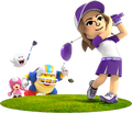 Mii golfing with Chargin' Chuck, Toadette, and Boo watching