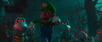 Luigi running from a horde of Dry Bones.