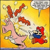 Nintendo Comics System "Bedtime for Drain-Head": Mario attacks a Birdo using its own eggs.